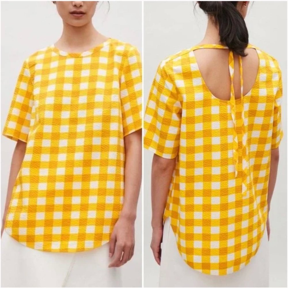 COS Yellow Gingham Check Short Sleeve Tie-back Tunic Top